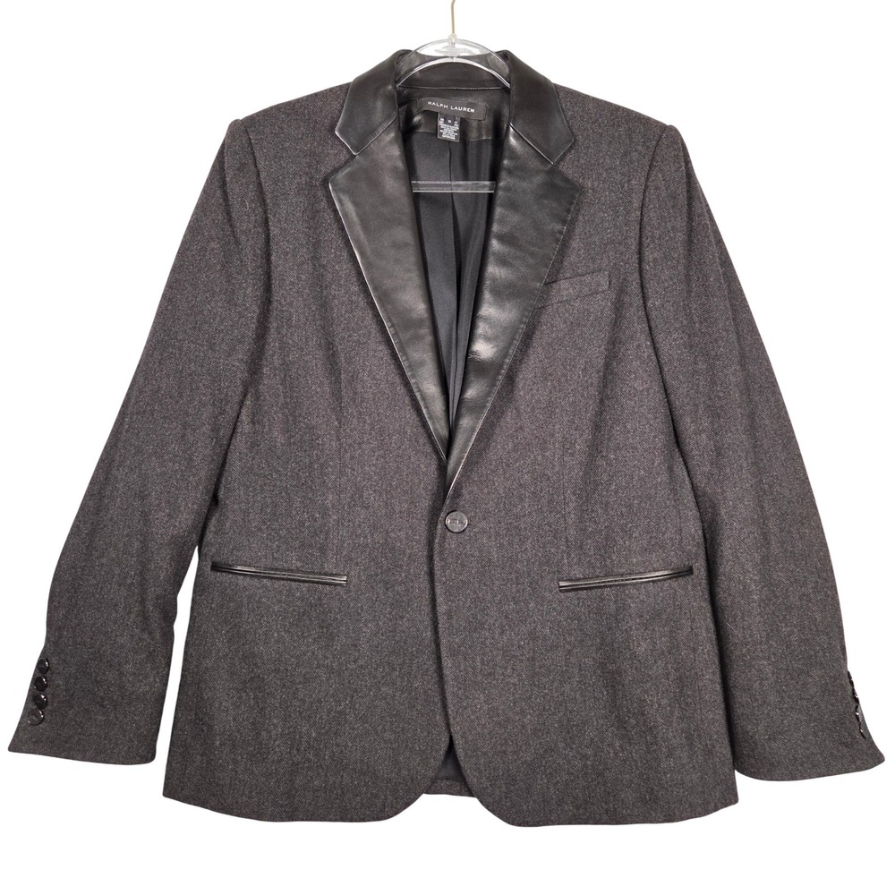 Ralph Lauren Black Label Lamb Leather Trim Blazer Women 12 Wool Herringbone Gray